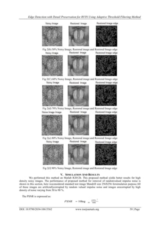 Edge Detection with Detail Preservation for RVIN Using Adaptive Threshold Filtering Method
DOI: 10.9790/2834-10615562 www.iosrjournals.org 59 | Page
Fig 2(b) 50% Noisy Image, Restored image and Restored Image edge
Fig 2(C) 60% Noisy Image, Restored image and Restored Image edge
Fig 2(d) 70% Noisy Image, Restored image and Restored Image edge
Fig 2(e) 80% Noisy Image, Restored image and Restored Image edge
Fig 2(f) 90% Noisy Image, Restored image and Restored Image edge
V. SIMULATION AND RESULTS
We performed this method on Matlab R2012b. This proposed method yields better results for high
density noisy images. The performance of proposed method for removal of randomvalued impulse noise is
shown in this section, here weconsidered standard test image Mandrill size 256X256 forsimulation purpose.All
of these images are artificiallycorrupted by random valued impulse noise and images arecorrupted by high
density of noise varying from 50 to 90 %.
The PSNR is expressed as:
MSE
(255)
10
2
10logPSNR
 
