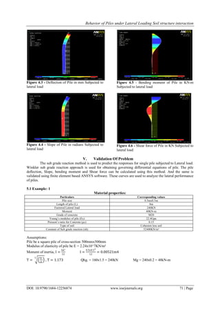 Behavior of Piles under Lateral Loading Soil structure interaction
DOI: 10.9790/1684-12256874 www.iosrjournals.org 71 | Page
Figure 4.3 - Deflection of Pile in mm Subjected to
lateral load
Figure 4.4 - Slope of Pile in radians Subjected to
lateral load
Figure 4.5 - Bending moment of Pile in KN-m
Subjected to lateral load
Figure 4.6 - Shear force of Pile in KN Subjected to
lateral load
V. Validation Of Problem
The sub grade reaction method is used to predict the responses for single pile subjected to Lateral load.
Winkler sub grade reaction approach is used for obtaining governing differential equations of pile. The pile
deflection, Slope, bending moment and Shear force can be calculated using this method. And the same is
validated using finite element based ANSYS software. These curves are used to analyze the lateral performance
of piles.
5.1 Example: 1
Material properties:
Particulars Corresponding values
Pile size 0.5mx0.5m
Length of pile (L) 8m
Factored Lateral load 240KN
Moment 48KN-m
Grade of concrete M20
Young’s modulus of pile (Ec) 22.4Gpa
Poisson’s ratio for Concrete (μc) 0.15
Type of soil Cohesion less soil
Constant of Sub grade reaction (nh) 52400KN/m³
Assumptions:
Pile be a square pile of cross-section 500mmx500mm
Modulus of elasticity of pile be E = 2.24x10^7KN/m²
Moment of inertia, I =
bd³
12
I =
0.5x0.53
12
= 0.00521m4
T =
EI
nh
5
, T = 1.173 Qhg. = 160x1.5 = 240kN Mg = 240x0.2 = 48kN-m
 