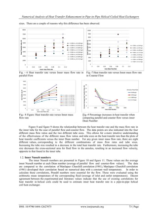 Numerical Analysis of Heat Transfer Enhancement in Pipe-in-Pipe Helical Coiled Heat Exchangers
DOI: 10.9790/1684-12627075 www.iosrjournals.org 73 | Page
sizes. There are a couple of reasons why this difference has been observed.
Fig. - 6 Heat transfer rate verses Inner mass flow rate in
parallel Flow
Fig.-7 Heat transfer rate verses Inner mass flow rate
in Counter Flow
Fig.- 8 Figure: Heat transfer rate verses Inner mass
flow rate
Fig.-9 Percentage increases in heat transfer when
comparing parallel and counter flow verses inner
Dean Number
Figure 8 and figure 9 shows the relationship between the heat transfer rate and the mass flow rate in
the inner tube for the case of parallel flow and counter flow. The data points are also indicated into the four
different mass flow ratios and the two different tube sizes. This allows for a more intuitive understanding
of the effectiveness of the different mass flow ratios and tube sizes on the heat transfer rate than the plots of
heat transfer coefficients versus the inner Dean number. For any given inner mass flow rate, there are eight
different values, corresponding to the different combinations of mass flow rates and tube sizes.
Increasing the tube size resulted in a decrease in the total heat transfer rate. Furthermore, increasing the tube
size decreases the cross-sectional area for fluid flow in the annulus, resulting in an increased flow velocity,
opposite to that found in the inner tube.
1.2. Inner Nusselt numbers
The inner Nusselt numbers are presented in Figure 10 and figure 11. These values are the average
inner Nusselt number at each Dean number (average of parallel flow and counter-flow values). The data
are compared to the correlation of Manlapaz- Churchill correlation (1981). Manlapaz- Churchill correlation
(1981) developed their correlation based on numerical data with a constant wall temperature. In order to
calculate these correlations, Prandtl numbers were essential for the flow. These were evaluated using the
arithmetic mean temperature of the corresponding fluid (average of inlet and outlet temperatures). Decent
agreement between the experimental and literature values indicate that the use of existing correlations for
heat transfer in helical coils could be used to estimate inner heat transfer rate in a pipe-in-pipe helical
coil heat exchanger.
 