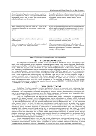 Evaluation of Urban Water Sector Performance

Demand is matter of quantity. Amount of water required or        Demand is multi-faceted. Infrastructure choice should match
produced by different end user is only parameter relevant to     the varying characteristics of water required or produced for
infrastructure choice. Treat all supply side water to potable    different end users in terms of quantity, quality, level of
and collect all wastewater for treatment.                        reliability, etc.




Water follows one-way path from supply, to a single use, to       Water can be used multiple times, by cascading from higher
treatment and disposal to the environment. It is open loop       to lower quality needs, and reclamation treatment for return
system.                                                          to the supply side of infrastructure. It is closed loop system.




Bigger / centralized is better for collection system and         Small / decentralized is possible, often desirable for
treatment plants.                                                collection system and treatment plants.

Urban water management is based on technically sound and         Urban water management is taken as technically sound,
priority is given to health and hygiene criteria.                economically viable, socially acceptable for public. Decision
                                                                 makers are multidisciplinary. Allow new management
                                                                 strategies and technologies.




                                 Table 1 Comparison of old paradigm and emerging paradigm

                                        III.       STATE OF KNOWLEDGE
           For Integrated assessment UNEP describes selected tools which are stake holder analysis and mapping, Expert
panel, Focus groups, household survey, sustainable framework indicator, casual chain analysis, root cause analysis, trend
analysis, scenario-building , multi criteria decision analysis (5) . The comparative study of sustainability index was carried
out by Carden et al. (11) for South African cities by Triple bottom line perspective and MCA was used. Sahely et al. (6)
used mathematical model for quantifying environmental and economic sustainability indicator. Shovini Dasgupta et al. (7)
have categorized mandatory screening indicator and judgment indicator. Multi layer approach was used to incorporating
these indicators. A normalization procedure has been adapted to work within the framework and to compare alternative
across a range of indicator and different orders of data magnitude. E Lai et al. (8) have reviewed numbers of method for
integrated sustainable urban water system. The four dominant approaches applied were cost benefit analysis, triple bottom
line, integrated assessment and multi criteria analysis. Vairavamoorthy et al. (9) has done risk assessment for sustainable
urban water management using fuzzy logic. Stefan Hajkowicz et al. (10) has review the method of MCA which includes
fuzzy set analysis, comparative programming, analytical hierarchy process, ELECTRE, PROMETHEE, MAUT, MCQA,
EXPROM, MACBETH, SAW, TOPSIS etc .

                                         IV.       PROBLEM STATEMENT
           In the Surat City, due to population explosion & urbanization the stress on urban water sector is increasing. Water
supply, sanitation provision and drainage – are vital in the quest to promote economic, environmental and social healthy
development. The scientific approach to facilitate decision making in equity, efficiency and sustainability criteria is the main
goal for performance evaluation of urban water sector. For efficient management of urban water sector Sustainability Index
was found which indicates performance of urban water sector in different dimensions.
           Surat city has perennial river Tapi, which is main source of water supply. The tragedy is local government can
extract only 300 cusec of water daily from river Tapi according to riparian right, which is not sufficient to fulfill the demand
of citizen and high growth rate of population. Surat Local government demanding more water extraction capacity from river
Tapi, with state government since long time but these all are political issues and not yet resolved. The City limit is increased
in last few years from 112 Sq.Km to 334 Sq.Km area and corporation is not in position to cope up demand of city at faster
rate. Due to construction of weir cum cause way on river Tapi reservoir is formed on upstream side of river, which led to
stagnation of flowing river water. Stagnation of water give rise to growth of algal and weed, hence raw water quality get
degraded which will cause problem in intake well as well as in subsequent treatment process. It also reduces the yield of
water. To improve the raw water quality, frequently release of water from nearby (Ukai) dam is required. Moreover, a
sewage discharge from some of the area has created terrible impact on river water quality on upstream of river. Sewage
discharge enhances the growth of algae, weed and other vegetation. Recently, it was suggested in city development plan to
lay down pipelines from Ukai dam to Surat (100 Km) to resolve the issues regarding quality and quantity of water supply?
Will this decision economically viable or sustainable?
           In the downstream of weir in river Tapi, due to tidal influences river water become brackish. Owing to these
problems the bore water of adjacent area and old walled city area becomes salty and not fit for drinking. Over withdrawal of
ground water for industrial and irrigation purpose has depleted the ground water table and degraded the quality of ground
water also. Due to increased city limit 100% population is not covered with access to water supply and sewerage system.
                                                                                                                             67
 
