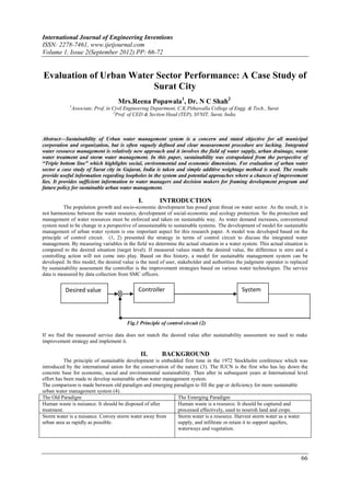 International Journal of Engineering Inventions
ISSN: 2278-7461, www.ijeijournal.com
Volume 1, Issue 2(September 2012) PP: 66-72


Evaluation of Urban Water Sector Performance: A Case Study of
                         Surat City
                                   Mrs.Reena Popawala1, Dr. N C Shah2
             1
              Associate. Prof. in Civil Engineering Department, C.K.Pithawalla College of Engg. & Tech., Surat
                                  2
                                    Prof. of CED & Section Head (TEP), SVNIT, Surat, India



Abstract––Sustainability of Urban water management system is a concern and stated objective for all municipal
corporation and organization, but is often vaguely defined and clear measurement procedure are lacking. Integrated
water resource management is relatively new approach and it involves the field of water supply, urban drainage, waste
water treatment and storm water management. In this paper, sustainability was extrapolated from the perspective of
“Triple bottom line” which highlights social, environmental and economic dimensions. For evaluation of urban water
sector a case study of Surat city in Gujarat, India is taken and simple additive weightage method is used. The results
provide useful information regarding loopholes in the system and potential approaches where a chances of improvement
lies. It provides sufficient information to water managers and decision makers for framing development program and
future policy for sustainable urban water management.

                                             I.        INTRODUCTION
          The population growth and socio-economic development has posed great threat on water sector. As the result, it is
not harmonious between the water resource, development of social-economic and ecology protection. So the protection and
management of water resources must be enforced and taken on sustainable way. As water demand increases, conventional
system need to be change in a perspective of unsustainable to sustainable systems. The development of model for sustainable
management of urban water system is one important aspect for this research paper. A model was developed based on the
principle of control circuit. (1, 2) presented the strategy in terms of control circuit to discuss the integrated water
management. By measuring variables in the field we determine the actual situation in a water system. This actual situation is
compared to the desired situation (target level). If measured values match the desired value, the difference is zero and a
controlling action will not come into play. Based on this history, a model for sustainable management system can be
developed. In this model, the desired value is the need of user, stakeholder and authorities the judgment operator is replaced
by sustainability assessment the controller is the improvement strategies based on various water technologies. The service
data is measured by data collection from SMC officers.


          Desired value                      Controller                                       System




                                        Fig.1 Principle of control circuit (2)

If we find the measured service data does not match the desired value after sustainability assessment we need to make
improvement strategy and implement it.

                                              II.       BACKGROUND
           The principle of sustainable development is embedded first time in the 1972 Stockholm conference which was
introduced by the international union for the conservation of the nature (3). The IUCN is the first who has lay down the
concrete base for economic, social and environmental sustainability. Then after in subsequent years at International level
effort has been made to develop sustainable urban water management system.
The comparison is made between old paradigm and emerging paradigm to fill the gap or deficiency for more sustainable
urban water management system (4).
The Old Paradigm                                               The Emerging Paradigm
Human waste is nuisance. It should be disposed of after        Human waste is a resource. It should be captured and
treatment.                                                     processed effectively, used to nourish land and crops.
Storm water is a nuisance. Convey storm water away from        Storm water is a resource. Harvest storm water as a water
urban area as rapidly as possible.                             supply, and infiltrate or retain it to support aquifers,
                                                               waterways and vegetation.




                                                                                                                          66
 