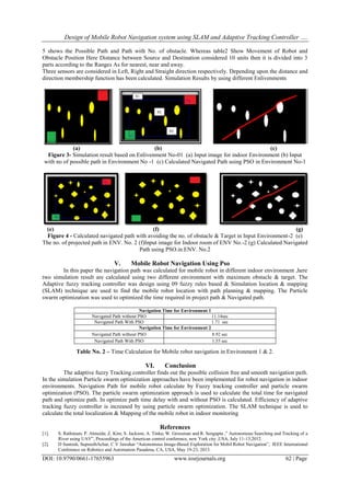 Design of Mobile Robot Navigation system using SLAM and Adaptive Tracking Controller ….
DOI: 10.9790/0661-17655963 www.iosrjournals.org 62 | Page
5 shows the Possible Path and Path with No. of obstacle. Whereas table2 Show Movement of Robot and
Obstacle Position Here Distance between Source and Destination considered 10 units then it is divided into 3
parts according to the Ranges As for nearest, near and away.
Three sensors are considered in Left, Right and Straight direction respectively. Depending upon the distance and
direction membership function has been calculated. Simulation Results by using different Enlivenments
(a) (b) (c)
Figure 3- Simulation result based on Enlivenment No-01 (a) Input image for indoor Environment (b) Input
with no of possible path in Environment No -1 (c) Calculated Navigated Path using PSO in Environment No-1
(e) (f) (g)
Figure 4 - Calculated navigated path with avoiding the no. of obstacle & Target in Input Environment-2 (e)
The no. of projected path in ENV. No. 2 (f)Input image for Indoor room of ENV No.-2 (g) Calculated Navigated
Path using PSO.in ENV. No.2
V. Mobile Robot Navigation Using Pso
In this paper the navigation path was calculated for mobile robot in different indoor environment ,here
two simulation result are calculated using two different environment with maximum obstacle & target. The
Adaptive fuzzy tracking controller was design using 09 fuzzy rules based & Simulation location & mapping
(SLAM) technique are used to find the mobile robot location with path planning & mapping. The Particle
swarm optimization was used to optimized the time required in project path & Navigated path.
Table No. 2 – Time Calculation for Mobile robot navigation in Environment 1 & 2.
VI. Conclusion
The adaptive fuzzy Tracking controller finds out the possible collision free and smooth navigation path.
In the simulation Particle swarm optimization approaches have been implemented for robot navigation in indoor
environments. Navigation Path for mobile robot calculate by Fuzzy tracking controller and particle swarm
optimization (PSO). The particle swarm optimization approach is used to calculate the total time for navigated
path and optimize path. In optimize path time delay with and without PSO is calculated. Efficiency of adaptive
tracking fuzzy controller is increased by using particle swarm optimization. The SLAM technique is used to
calculate the total localization & Mapping of the mobile robot in indoor monitoring
References
[1]. S. Rathinam; P. Almeida; Z. Kim; S. Jackson; A. Tinka; W. Grossman and R. Sengupta ,” Autonomous Searching and Tracking of a
River using UAV”, Proceedings of the American control conference, new York city ,USA, July 11-13,2012.
[2]. D Santosh, SupreethAchar, C V Jawahar “Autonomous Image-Based Exploration for Mobil Robot Navigation”, IEEE International
Conference on Robotics and Automation Pasadena, CA, USA, May 19-23, 2013.
Navigation Time for Environment 1
Navigated Path without PSO 11.14sec
Navigated Path With PSO 1.71 sec
Navigation Time for Environment 2
Navigated Path without PSO 8.92 sec
Navigated Path With PSO 1.55 sec
 