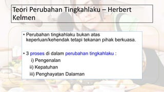 Teori Perubahan Tingkahlaku – Herbert
Kelmen
• Perubahan tingkahlaku bukan atas
keperluan/kehendak tetapi tekanan pihak berkuasa.
• 3 proses di dalam perubahan tingkahlaku :
i) Pengenalan
ii) Kepatuhan
iii) Penghayatan Dalaman
 