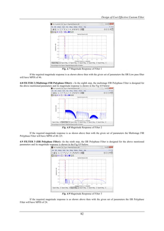 Design of Cost Effective Custom Filter




                                          Fig. 4.7 Magnitude Response of Filter 1

          If the required magnitude response is as shown above then with the given set of parameters the IIR Low pass filter
will have MPIS of 46.

4.8 FILTER 2 (Multistage FIR Polyphase Filter): - In the eighth step, the multistage FIR Polyphase Filter is designed for
the above mentioned parameters and its magnitude response is shown in the Fig 4.8 below:




                                          Fig. 4.8 Magnitude Response of Filter 2

         If the required magnitude response is as shown above then with the given set of parameters the Multistage FIR
Polyphase Filter will have MPIS of 48.125.

4.9 FILTER 3 (IIR Polyphase Filter): -In the ninth step, the IIR Polyphase Filter is designed for the above mentioned
parameters and its magnitude response is shown in the Fig 4.9 below:




                                          Fig. 4.9 Magnitude Response of Filter 3

           If the required magnitude response is as shown above then with the given set of parameters the IIR Polyphase
Filter will have MPIS of 24.



                                                            82
 