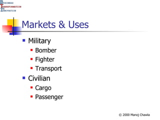 Markets & Uses Military Bomber Fighter Transport Civilian Cargo Passenger 