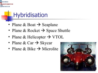 Hybridisation Plane & Rocket    Space Shuttle Plane & Bike    Microlite Plane & Boat    Seaplane Plane & Helicopter    VTOL Plane & Car    Skycar 