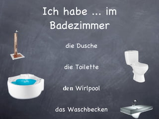 Ich habe ... im Badezimmer die Dusche die Toilette den  Wirlpool das Waschbecken 