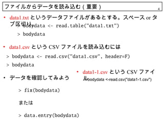ե뤫ǩ`izࣨҪ                                         4

? data1.txt Ȥǩ`ե뤬Ȥ롣ک` or 
  Фꡣ



? data1.csv Ȥ CSV եizˤ



                   ? data1-1.csv Ȥ CSV ե
? ǩ`_JƤߤ褦        bodydata <-read.csv("data1-1.csv")
                     >
 