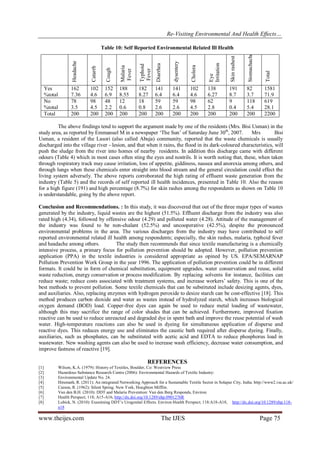 Re-Visiting Environmental And Health Effects…
www.theijes.com The IJES Page 75
Table 10: Self Reported Environmental Related Ill Health
Headache
Catarrh
Cough
Malaria
Fever
Typhoid
Fever
Diarrhea
dysentery
Cholera
Eye
Irritation
Skinrashest
Stomachache
Total
Yes
%total
162
7.36
102
4.6
152
6.9
188
8.55
182
8.27
141
6.4
141
6.4
102
4.6
138
6.27
191
8.7
82
3.7
1581
71.9
No
%total
78
3.5
98
4.5
48
2.2
12
0.6
18
0.8
59
2.6
59
2.6
98
4.5
62
2.8
9
0.4
118
5.4
619
28.1
Total 200 200 200 200 200 200 200 200 200 200 200 2200
The above findings tend to support the argument made by one of the residents (Mrs. Bisi Usman) in the
study area, as reported by Emmanuel M in a newspaper ‘The Sun’ of Saturday June 30th
, 2007. Mrs Bisi
Usman, a resident of the Lasori (also called Abuja) community, reported that the waste chemicals is usually
discharged into the village river - lesion, and that when it rains, the flood in its dark-coloured characteristics, will
push the sludge from the river into homes of nearby residents. In addition this discharge came with different
odours (Table 4) which in most cases often sting the eyes and nostrils. It is worth noting that, these, when taken
through respiratory track may cause irritation, loss of appetite, giddiness, nausea and anorexia among others, and
through lungs when these chemicals enter straight into blood stream and the general circulation could effect the
living system adversely. The above reports corroborated the high rating of effluent waste generation from the
industry (Table 5) and the records of self reported ill health incidences, presented in Table 10. Also the reason
for a high figure (191) and high percentage (8.7%) for skin rashes among the respondents as shown on Table 10
is understandable, going by the above report.
Conclusion and Recommendations. : In this study, it was discovered that out of the three major types of wastes
generated by the industry, liquid wastes are the highest (51.5%). Effluent discharge from the industry was also
rated high (4.34), followed by offensive odour (4.29) and polluted water (4.28). Attitude of the management of
the industry was found to be non-chalant (52.5%) and uncooperative (42.5%), despite the pronounced
environmental problems in the area. The various discharges from the industry may have contributed to self
reported environmental related ill health among respondents; especially, the skin rashes, malaria, typhoid fever
and headache among others. The study then recommends that since textile manufacturing is a chemically
intensive process, a primary focus for pollution prevention should be adopted. However, pollution prevention
application (PPA) in the textile industries is considered appropriate as opined by US. EPA/SEMARNAP
Pollution Prevention Work Group in the year 1996. The application of pollution prevention could be in different
formats. It could be in form of chemical substitution, equipment upgrades, water conservation and reuse, solid
waste reduction, energy conservation or process modification. By replacing solvents for instance, facilities can
reduce waste; reduce costs associated with treatment systems, and increase workers’ safety. This is one of the
best methods to prevent pollution. Some textile chemicals that can be substituted include desizing agents, dyes,
and auxiliaries. Also, replacing enzymes with hydrogen peroxide to desize starch can be cost-effective [18]. This
method produces carbon dioxide and water as wastes instead of hydrolyzed starch, which increases biological
oxygen demand (BOD) load. Copper-free dyes can again be used to reduce metal loading of wastewater,
although this may sacrifice the range of color shades that can be achieved. Furthermore, improved fixation
reactive can be used to reduce unreacted and degraded dye in spent bath and improve the reuse potential of wash
water. High-temperature reactions can also be used in dyeing for simultaneous application of disperse and
reactive dyes. This reduces energy use and eliminates the caustic bath required after disperse dyeing. Finally,
auxiliaries, such as phosphates, can be substituted with acetic acid and EDTA to reduce phosphorus load in
wastewater. New washing agents can also be used to increase wash efficiency, decrease water consumption, and
improve fastness of reactive [19].
REFERENCES
[1] Wilson, K.A. (1979): History of Textiles, Boulder, Co: Westview Press
[2] Hazardous Substance Research Centre (2006): Environmental Hazards of Textile Industry:
[3] Environmental Update No. 24.
[4] Hiremath, R. (2011): An integrated Networking Approach for a Sustainable Textile Sector in Solapur City, India. http://www2.ise.ac.uk/
[5] Carson, R. (1962): Silent Spring. New York, Houghton Mifflin.
[6] Van den B.H. (2010): DDT and Malaria Prevention: Van den Berg Responds, Environ
[7] Health Perspect; 118; A15-A16, http://dx.doi.org/10.1289/ehp.0901276R
[8] Lubick, N. (2010): Examining DDT’s Urogenital Effects. Environ Health Perspect; 118:A18-A18, http://dx.doi.org/10.1289/ehp.118-
a18
 
