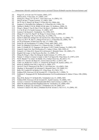 Ammonium chloride catalyzed microwave-assisted Claisen-Schmidt reaction between ketones and

[4]      Wang S-Y, Ji S-J & Loh T-P, Synlett, (2003), 2377.
[5]      Palleros D R, J Chem Educ, 81, (2004), 1345.
[6]      Huang D F, Wang J X Y & Hu L, Chin Chem Lett, 14, (2003), 333.
[7]      Deng G & Ren T, Synth Commun, 33, (2003), 2995.
[8]      Hu X, Fan X, Zhang X & Wang J, J Chem Res (S), (2004), 684.
[9]      Iranpoor N, Zeyizadeh B & Aghapour A, J Chem Res (S), (1999), 554.
[10]     Sabitha G, Reddy G S K K, Reddy K B & Jadav J S, Synthesis, (2004), 26.
[11]     Wang L, Sheng J, Tian H, Han J, Fan Z & Quin C, Synthesis, (2004), 3060.
[12]     Li J, Su W & Li N, Synth Commun, 35, (2005), 3037.
[13]     Iranpoor N & Kazemi F, Tetrahedron, 54, (1998), 9475.
[14]     Zhang X Y, Fan X S, Nig H Y & Wang J J, Green Chem, 5, (2003), 267.
[15]     Bao W L & Zhang Y M, You Ji Hua Xue, 18, (1998), 272.
[16]     Salehi P, Dabiri M, Zolfigol M A & Fard M A B, J Braz Chem Soc, 15, (2004), 773.
[17]     Ying L H, Zhi Y W, Bin Y J, Shang H S & Tai L J, J Chem Res (S), (2004), 744.
[18]     Irie K & Watanabe, K Bull Chem Soc Jpn, 33, (1980), 1366.
[19]     Pasha M A & Jayashankara V P, Indian J Chem, 46B, (2007), 1025.
[20]     Patil C B, Mahajan S K & Katti S A, J Pharm Sci Res, 3, (2009), 11.
[21]     Jadav J S, Reddy B V S, Nagaraju A & Sarma J A R P, Synth Commun, 33, (2002), 893.
[22]     Gupta R, Gupta A.K, Paul S & Kachroo P L, Indian J Chem, 34B, (1995), 61.
[23]     Esmaeili A A Tabas M S, Nasseri M A & Kazemi F, Monatsh Chem, 136, (2005), 571.
[24]     Bogdal D & Loupy A, Org Process Res Dev, 12, (2008), 710.
[25]     Zheng M, Wang L, Shao J & Zhong Q, Synth Commun, 27, (1997), 351.
[26]     Nakano T, Irifune S, Umano S, Inada A, Ishii Y & Ogawa M, J Org Chem, 52, (1987), 2239.
[27]     Pal R, Mandal T K, Guha C & Mallik A K, J Indian Chem Soc, 88, (2011), 711.
[28]     Jadhav S V, Suresh E & Bajaj H C, Green Chem Lett Rev, 4, (2011), 249.
[29]     Yadav J S, Reddy B V S, Rao C V, Chand P K & Prasad A R, Synlett, (2002), 137.
[30]     Bonne D, Dekhane M & Zhu J, Org Lett, 6, (2004), 4771.
[31]     Janvier P, Sun X, Bienayme H & Zhu J, J Am Chem Soc, 124, (2002), 2560.
[32]     Shaabani A, Rezazadeh F & Soleimani E, Monatsh Chem, 139, (2008), 931.
[33]     Ralls J W, Lundin R E & Bailley G F, J Org Chem, 28, (1963), 3521.
[34]     Sridhara M B, Srinivasa G R & Gowada D C, J Chem Res (S), 1, (2004), 74.
[35]     Sridharan V, Karpagavalli M, Muthusubramanian S & Sivasubramanian S, Indian J Chem, 43B, (2004),
         2243.
[36]     Basu M K, Becker F F & Banik B K, Tetrahedron Lett, 41, (2000), 5603.
[37]     Sridhara M B, Srinivasa G R & Gowada D C, Synth Commun, 34, (2004), 1441.
[38]     Azizian J, Teimouri F & Mohammadizadeh M R, Catal Commun, 8, (2007), 1117.
[39]     Dabiri M, Bahramnejad M & Baghbanzadeh M, Tetrahedron, 65, (2009), 9443.
[40]     Shaabani A, Bazgir A & Teimouri F, Tetrahedron Lett, 44, (2003), 857.
[41]     Teimouri F, Khezri S H, Miri Z, Eftekhari-Sis B & Azizian J, J Sci I A U, 19, (2009), 103.




                                          www.iosrjournals.org                                  80 | Page
 