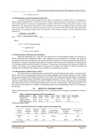 Physio-chemical Analysis of Gwarmi Clay Deposit, Wurno Local…
www.theijes.com The IJES Page 65
P w= Density of water
3.3.4Determination of Cold Crushing Strength Tests
A piecetest brick produced using the clay sample was prepared to standard cube size, of dimensions
50mm wide and 50mm high. It was then air dried for 24 hours and oven dried at a temperature of 110 0
C for 12
hours and then fired in a furnace at a temperature of about 1200 0
C for 6 hours.It was then cooled to room
temperature. The specimen was then taken to the tensiometer where load was applied axially to the piece until
crack was noticed. The load at which the specimen cracked was noted, which represents the load required for
determining cold crushing strength of the test specimen. Cold crushing strength was then determined using
equation (4)
CCS = (m2)areasectional-Cross
(KN)loadMaximum
= P/A………………………………………......................(4)
Where,
C.C.S = Cold Crushing Strength
P = Applied Load
A = Area of Load Applied
3.3.5Determination of Thermal shock Resistance
Specimen measuring 5cm x 5cm 4cm was used for this test.The prepared sample was inserted in a
furnace which has been maintained at 900o
C. This temperature was maintained for 10 minutes. The specimen
was removed with a pair of tongs from the furnace and then cooled for 10 minutes and observed for cracks. In
the absence of cracks (or fracture),the specimen was put back into the furnace and reheated for a further period
of 10 minutes and then cooled for another 10 minutes. The specimen was returned to the furnace for further 10
minutes. The process was continued until the test piece was cracked. The number of cycles of heating and
cooling before cracking for the specimen was recorded as its thermal shock resistance.
3.3.6 Determination of Refractoriness (PCE)
The refractoriness or softening point was determined using the method of pyrometric cone equivalence
(PCE). Test cones were prepared by mixing the clay sample aggregate with sufficient quantity of water to make
the clay become plastic and molded by hand into a cone shape. The sample was dried and fired to a temperature
of 900 0
C in a muffler furnace. Pyrometric cones designed to deform at 1300 0
C, 1400 0
C, 1500 0
C were placed
round the sample and the temperature rose to above 1000 0
C at 10 0
C per minute. The heating was discontinued
when the test cone bent over and leveled with the base of the disc. The pyrometric cone equivalent (P.C.E) of
the sample was recorded to be t number of standard pyrometric cone corresponding to the time of softening of
the test cone.
IV. RESULTS AND DISCUSSION
Table 1 shows the result of chemical composition in wt %, while the result of the physical properties is shown in
Table 2.
Table 1: Chemical Composition of the Clay Sample (%)
Sample Location SiO2 Al2O3 Fe2O3 TiO2 CaO MnO LOI Al2O3/SiO2
Gwarmi clay 60.20 18.00 6.77 5.89 0.62 0.02 0.92 0.3
*Refractory clay 46- 62 25 - 39 0.4– 2.7 - 0.2– 1.0 - 8-18
*High melting clay 53-73 16-29 1-9 - 0.5-2.6 - 4-12
*Nnuka and Agbo (2000)
Table 2: Physical Properties of test sample compared with standard clay
Sample
Location
Linear
shrinkage
(cm)
Apparent
Porosity
(%)
Bulk
Density
(g/cm3
)
Cold crushing
strength (kg/cm2
)
Thermal shock
resistance
(cycles)
Refractoriness
(o
C)
Gwarmi
clay
1.5 19.0 1.91 304.35 20 1500
*Fire clay 4-10 20-30 2.30 150 20-30 1500-1700
*Omowumi (2001)
 