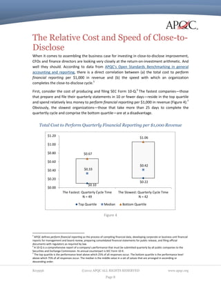 The Relative Cost and Speed of Close-toDisclose
When it comes to assembling the business case for investing in close-to-disclose improvement,
CFOs and finance directors are looking very closely at the return-on-investment arithmetic. And
well they should. According to data from APQC’s Open Standards Benchmarking in general
accounting and reporting, there is a direct correlation between (a) the total cost to perform
financial reporting per $1,000 in revenue and (b) the speed with which an organization
completes the close-to-disclose cycle.5
First, consider the cost of producing and filing SEC Form 10-Q.6 The fastest companies—those
that prepare and file their quarterly statements in 10 or fewer days—reside in the top quartile
and spend relatively less money to perform financial reporting per $1,000 in revenue (Figure 4).7
Obviously, the slowest organizations—those that take more than 25 days to complete the
quartertly cycle and comprise the bottom quartile—are at a disadvantage.

Total Cost to Perform Quarterly Financial Reporting per $1,000 Revenue
$1.20

$1.06

$1.00
$0.80

$0.67

$0.60
$0.42
$0.40

$0.33

$0.20
$0.00

$0.22

$0.10
The Fastest: Quarterly Cycle Time
N = 49
Top Quartile

Median

The Slowest: Quarterly Cycle Time
N = 42
Bottom Quartile

Figure 4

5

APQC defines perform financial reporting as the process of compiling financial data, developing corporate or business unit financial
reports for management and board review, preparing consolidated financial statements for public release, and filing official
documents with regulators as required by law.
6
A 10-Q is a comprehensive report of a company's performance that must be submitted quarterly by all public companies to the
Securities and Exchange Commission. Its annual counterpart is SEC Form 10-K.
7
The top quartile is the performance level above which 25% of all responses occur. The bottom quartile is the performance level
above which 75% of all responses occur. The median is the middle value in a set of values that are arranged in ascending or
descending order.

K03956

©2012 APQC ALL RIGHTS RESERVED
Page 8

www.apqc.org

 