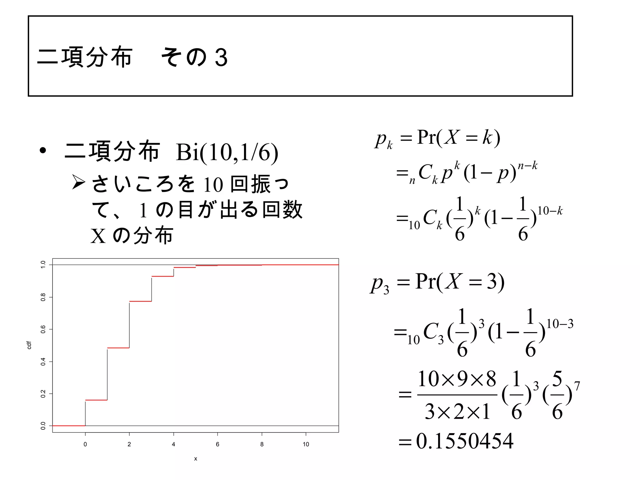 二項分布　その３


                                         pk = Pr( X = k )
      • 二項分布 Bi(10,1/6)
                                         　　 Ck p k (1 − p ) n − k
                                          =n
             さいころを 10 回振っ
              て、 1 の目が出る回数                      1        1
                                         　　 Ck ( ) k (1 − )10− k
                                          =10
              X の分布                             6        6
      1.0




                                         p3 = Pr( X = 3)
      0.8




                                                  1 3   1 10−3
                                         　　 C3 ( ) (1 − )
                                          =10
      0.6




                                                  6     6
cdf

      0.4




                                            10 × 9 × 8 1 3 5 7
                                         　　
                                          =           ( ) ( )
      0.2




                                              3 × 2 ×1 6 6
      0.0




            0   2   4       6   8   10   　　0.1550454
                                          =
                        x
 