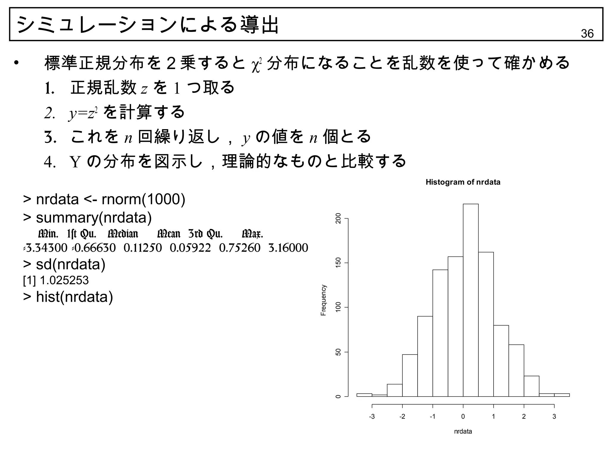 シミュレーションによる導出                                                                                                     36

•      標準正規分布を２乗すると χ2 分布になることを乱数を使って確かめる
       1. 正規乱数 z を 1 つ取る
       2. y=z2 を計算する
       3. これを n 回繰り返し， y の値を n 個とる
       4. Y の分布を図示し，理論的なものと比較する
                                                                                    Histogram of nrdata

    > nrdata <- rnorm(1000)
    > summary(nrdata)




                                                                    200
        Min. 1st Qu. Median Mean 3rd Qu.  Max.
    -3.34300 -0.66630 0.11250 0.05922 0.75260 3.16000
    > sd(nrdata)



                                                                    150
    [1] 1.025253


                                                        Frequency
    > hist(nrdata)

                                                                    100
                                                                    50
                                                                    0




                                                                          -3   -2    -1      0      1     2   3

                                                                                           nrdata
 