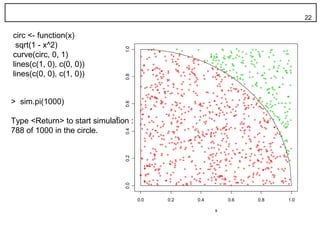 22

circ <- function(x)
 sqrt(1 - x^2)




                                 1.0
curve(circ, 0, 1)
lines(c(1, 0), c(0, 0))
lines(c(0, 0), c(1, 0))




                                 0.8
> sim.pi(1000)


                                 0.6
Type <Return> to start simulation :
                             y


788 of 1000 in the circle.       0.4
                                 0.2
                                 0.0




                                       0.0   0.2   0.4       0.6   0.8   1.0

                                                         x
 