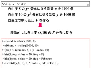 シミュレーション                                         49




> c8rand <- rchisq(1000, 8)
> c10rand <- rchisq(1000, 10)
> fprop <- (c8rand / 8) / (c10rand / 10)
> hist(fprop, nclass = 20, freq = F)
> hist(fprop, nclass = 20, freq = F)$count
> curve(df(x,8,10), 0, 5, col = 2, add = TRUE)
 