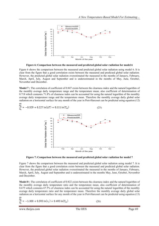 A New Temperature-Based Model For Estimating…
www.theijes.com The IJES Page 69
Feb Apr Jun Aug Oct Dec
0
2
4
6
8
10
12
14
16
18
20
22
MeasuredSR
PredictedSR
GlobalSolarRadiation(MJm
-2
day
-1
)
Month of the year
Figure 6: Comparison between the measured and predicted global solar radiation for model 6
Figure 6 shows the comparison between the measured and predicted global solar radiation using model 6. It is
clear from the figure that a good correlation exists between the measured and predicted global solar radiation.
However, the predicted global solar radiation overestimated the measured in the months of January, February,
March, April, July, August and September and is underestimated in the months of May, June, October,
November and December.
Model 7 : The correlation of coefficient of 0.847 exists between the clearness index and the natural logarithm of
the monthly average daily temperature range and the temperature mean, also coefficient of determination of
0.718 which connotes 71.8% of clearness index can be accounted for using the natural logarithm of the monthly
average daily temperature range and the temperature mean. Therefore the monthly average daily global solar
radiation on a horizontal surface for any month of the year in Port-Harcourt can be predicted using equation (12)
as
(25)
Feb Apr Jun Aug Oct Dec
0
2
4
6
8
10
12
14
16
18
20
22
MeasuredSR
PredictedSR
GlobalSolarRadiation(MJm
-2
day
-1
)
Month of the year
Figure 7: Comparison between the measured and predicted global solar radiation for model 7
Figure 7 shows the comparison between the measured and predicted global solar radiation using model 7. It is
clear from the figure that a good correlation exists between the measured and predicted global solar radiation.
However, the predicted global solar radiation overestimated the measured in the months of January, February,
March, April, July, August and September and is underestimated in the months May, June, October, November
and December.
Model 8 : The correlation of coefficient of 0.822 exists between the clearness index and the natural logarithm of
the monthly average daily temperature ratio and the temperature mean, also coefficient of determination of
0.675 which connotes 67.5% of clearness index can be accounted for using the natural logarithm of the monthly
average daily temperature ratio and the temperature mean. Therefore the monthly average daily global solar
radiation on a horizontal surface for any month of the year in Port-Harcourt can be predicted using equation (13)
as
(26)
 