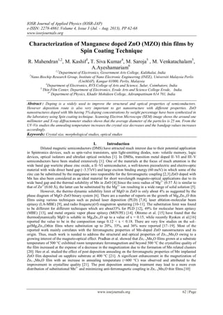 IOSR Journal of Applied Physics (IOSR-JAP)
e-ISSN: 2278-4861.Volume 4, Issue 3 (Jul. - Aug. 2013), PP 62-68
www.iosrjournals.org
www.iosrjournals.org 62 | Page
Characterization of Manganese doped ZnO (MZO) thin films by
Spin Coating Technique
R. Mahendran1,2
, M. Kashif3
, T. Siva Kumar4
, M. Saroja5
, M. Venkatachalam5
,
A.Ayeshamariam6
1,2
Department of Electronics, Government Arts College, Kulithalai, India
3
Nano Biochip Research Group, Institute of Nano Electronic Engineering (INEE), Universiti Malaysia Perlis
(UniMAP), Kangar 01000, Perlis, Malaysia
4
Department of Electronics, RVS College of Arts and Science, Sulur, Coimbatore, India
5
Thin Film Center, Department of Electronics, Erode Arts and Science College Erode, India.
6*
Department of Physics, Khadir Mohideen College, Adirampattinam 614 701, India
Abstract : Doping is a widely used to improve the structural and optical properties of semiconductors.
However deposition route is also very important to get nanostructure with different properties. ZnO
nanostructures doped with Mn having 5% doping concentrations by weight percentage have been synthesized in
the laboratory using Spin coating technique. Scanning Electron Microscope (SEM) image shows the around one
millimeter and X-ray diffractometer studies shows that the average diameter of the particles is 25 nm. From the
UV-Vis studies the annealing temperature increases the crystal size decreases and the bandgap values increases
accordingly.
Keywords: Crystal size, morphological studies, optical studies
I. Introduction
Diluted magnetic semiconductors (DMS) have attracted much interest due to their potential application
in Spintronics devices, such as spin-valve transistors, spin light-emitting diodes, non- volatile memory, logic
devices, optical isolators and ultrafast optical switches [1]. In DMSs, transition metal doped II–VI and III–V
semiconductors have been studied extensively [1]. One of the materials at the focus of much attention is the
wide band gap wurtzite phase zinc oxide, a II–VI semiconductor, a well-known piezoelectric and electro-optic
material with wide direct band gap (~3.37eV) and large exciton binding energy (60 meV) in which some of the
zinc can be substituted by the manganese ions responsible for the ferromagnetic coupling [2,3].ZnO doped with
Mn has also been considered as an ideal material for short wavelength magneto-optical applications due to its
wide band gap and the thermal solubility of Mn in ZnO [4].Since the ionic radius of Mg2+
(0.57 Å) is similar to
that of Zn2+
(0.60 Å), the latter can be substituted by the Mg2+
ion resulting in a wide range of solid solution [5].
However, the thermo dynamic solubility limit of MgO in ZnO is only about 4% as suggested by the
phase diagram of MgO–ZnO binary system [6]. There are a number of reports on the growth of MgxZn1xO thin
films using various techniques such as pulsed laser deposition (PLD) [7,8], laser ablation-molecular beam
epitaxy (LA-MBE) [9], and radio frequency(rf) magnetron sputtering [10-11]. The substitution limit was found
to be different for different techniques which are about33% for PLD [12], 49% for molecular beam epitaxy
(MBE) [13], and metal organic vapor phase epitaxy (MOVPE) [14]. Ohtomo et al. [15] have found that the
thermodynamically MgO is soluble in MgxZn1xO up to a value of x = 0.15, while recently Ryoken et al.[16]
reported the value to be in the composition range 0.12 < x < 0.18. There are very few studies on the sol–
gelMgxZn1xOthin films where substitution up to 20%, 33%, and 36% were reported [17–19]. Most of the
reported work mainly correlates with the ferromagnetic properties of Mn-doped ZnO nanostructures and its
origin. Thus, much work is needed to address the structural and optical properties of Zn1-xMnxO owing to a
growing interest of the magneto-optical effect. Pradhan et al. showed that Zn1−xMnxO films grown at a substrate
temperature of 500 °C exhibited room temperature ferromagnetism and beyond 500 °C the crystalline quality of
the film increased at the expense of a decrease in the magnetization due to the formation of Mn related clusters
[20]. Heo et al. studied the effect of post deposition annealing on the ferromagnetic properties of Mn implanted
ZnO film deposited on sapphire substrate at 400 °C [21]. A significant enhancement in the magnetization of
Zn1−xMnxO film with an increase in annealing temperature (<600 °C) was observed and attributed to the
improvement in crystalline quality [21]. The post deposition annealing treatment may lead to a more even
distribution of substitutional Mn2+
and minimizing anti-ferromagnetic coupling in Zn1−xMnxO thin films.[10]
 