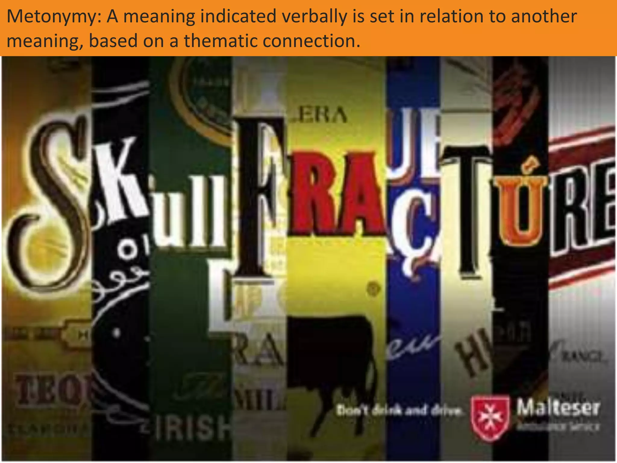 Metonymy: A meaning indicated verbally is set in relation to another
meaning, based on a thematic connection.
 