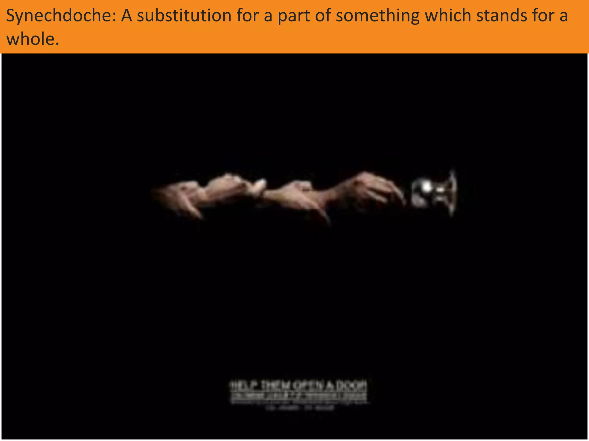 Synechdoche: A substitution for a part of something which stands for a
whole.
 