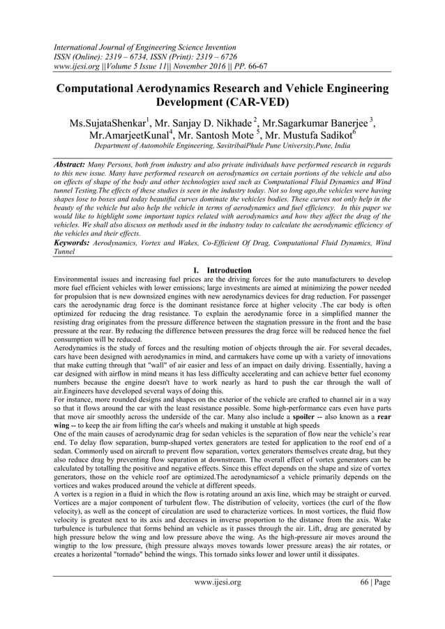 Computational Aerodynamics Research And Vehicle Engineering Development Computational Aerodynamics Research And Vehicle Engineering Development