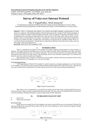 International Journal of Engineering Research and Development
e-ISSN: 2278-067X, p-ISSN : 2278-800X, www.ijerd.com
Volume 5, Issue 1 (November 2012), PP. 58-59

                     Survey of Voice over Internet Protocol
                                Ms. V.YagnaPrabha1, Ms.R.Amsaveni2
           1
           (ComputerScience Department,PSGR Krishnammal College for Women/Bharathiyar University, India)
       2
       (InformationTechnology Department, PSGR Krishnammal College for Women/Bharathiyar University, India)


    Abstract:- VoIP is a technology that digitizes voice packets and enables telephony communication by using
    internet as a backbone. The broad development of Internet had witnessed the concept of VoIP and the technology is
    evolving to replace the Public Switched Telephone Network. VoIP is composed of Signalling and Media. The use
    of Signalling is for controlling communication and it does the call set up, locate users, and tear down sessions.
    Media is used for transporting the voice packets. A Comparative study can be done for analysing the performance
    of VoIP over wireless networks. In earlier days VoIP merges over devices like IP Telephony, Palms, PDAs, etc
    over IP network for communication. Though there are major factors affecting VoIP quality such as delay, jitter and
    loss it plays a vital role in day-day- life.
    Keywords:- PDA, PSTN, RTP, Telephony, VoIP.

                                             I.       INTRODUCTION
          VoIP is a technology that digitizes voice packets and enables telephony communication by using internet as a
backbone. The paper focuses on providing voice over ad hoc wireless networks. When transmitting voice data, continuous
delivery with limited packet loss rate is of primary importance. The voice and data networks are existing separately, along
their separate paths. One of the main reasons is the technology used for voice and data communication. To overcome this
problem, voice over wireless networks can be applied.
          Many protocols were invented to overcome the network traffics. Protocols like Session Initiation Protocol, Real
Time Transport Protocol, H.323 standards, etc., were also developed.

I-A Experimental Setup
          VoIP implementation follows H.323 standard. It consists of gateways, terminals, gatekeepers, etc. It is also known
as IP Telephony. The protocols used are Session Initiation Protocol discovered by IETF and H.323 by ITU. The data and
voice gets encoded which is packetized in the sender side and in the receiver side it gets decoded and depacketized.




                                              Fig1. Network Communication

          Once when a voice is transmitted it is encrypted by the sender with the help of keys and decrypted by the receiver
with the same key. Hence a secured communication can be provided. The users can use the techniques like Forward Error
Correction techniques, Multiple Description, Layered Coding along with their algorithms.

                                      II.    INCREASED USAGE OF VOIP
          Lower Cost.
          Optimized Functionality.

II-A Lower Cost
           People pay lot for monthly fee for local telephone calls and by using VoIP the price can be reduced. ISD and STD
calls get charged to the maximum. But by using VoIP the rate can be minimized. It can be used from computers through
Microphones and Speakers.




                                                   Fig2. VoIP Network
                                                            58
 