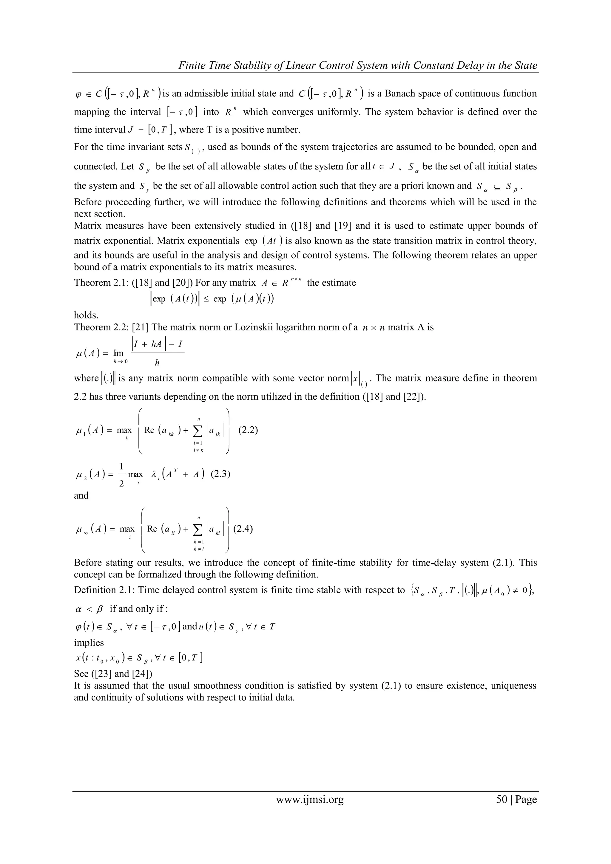 Finite Time Stability of Linear Control System with Constant Delay in ...