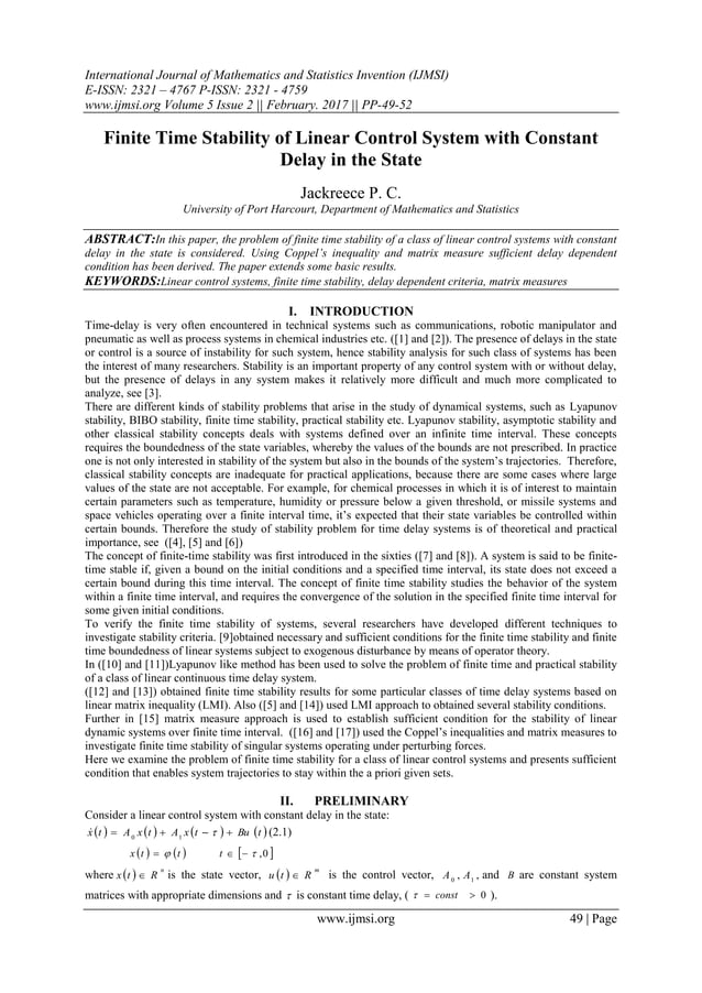 Finite Time Stability of Linear Control System with Constant Delay in ...