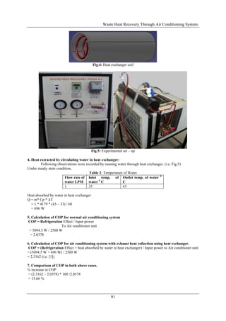 Waste Heat Recovery Through Air Conditioning System.




                                           Fig.4: Heat exchanger coil




                                           Fig.5: Experimental set – up

4. Heat extracted by circulating water in heat exchanger:
         Following observations were recorded by running water through heat exchanger. (i.e. Fig.5)
Under steady state condition,
                                       Table 2: Temperature of Water
                        Flow rate of Inlet temp. of Outlet temp. of water 0
                        water LPM water 0 C                 C
                        1              33                   43

Heat absorbed by water in heat exchanger
Q = m* Cp * ∆T
  = 1 * 4179 * (43 – 33) / 60
  = 696 W

5. Calculation of COP for normal air conditioning system
 COP = Refrigeration Effect / Input power
                    To Air conditioner unit
 = 5094.5 W / 2500 W
  = 2.0378

6. Calculation of COP for air conditioning system with exhaust heat collection using heat exchanger.
 COP = (Refrigeration Effect + heat absorbed by water in heat exchanger) / Input power to Air conditioner unit
= (5094.5 W + 696 W) / 2500 W
= 2.3162 (i.e. [1])

7. Comparison of COP in both above cases.
% increase in COP
 = (2.3162 – 2.0378) * 100 /2.0378
 = 13.66 %



                                                       91
 