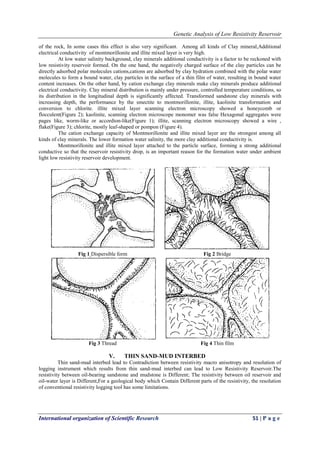 Genetic Analysis of Low Resistivity Reservoir
International organization of Scientific Research 51 | P a g e
of the rock, In some cases this effect is also very significant. Among all kinds of Clay mineral,Additional
electrical conductivity of montmorillonite and illite mixed layer is very high.
At low water salinity background, clay minerals additional conductivity is a factor to be reckoned with
low resistivity reservoir formed. On the one hand, the negatively charged surface of the clay particles can be
directly adsorbed polar molecules cations,cations are adsorbed by clay hydration combined with the polar water
molecules to form a bound water, clay particles in the surface of a thin film of water, resulting in bound water
content increases. On the other hand, by cation exchange clay minerals make clay minerals produce additional
electrical conductivity. Clay mineral distribution is mainly under pressure, controlled temperature conditions, so
its distribution in the longitudinal depth is significantly affected. Transformed sandstone clay minerals with
increasing depth, the performance by the smectite to montmorillonite, illite, kaolinite transformation and
conversion to chlorite. illite mixed layer scanning electron microscopy showed a honeycomb or
flocculent(Figure 2); kaolinite, scanning electron microscope monomer was false Hexagonal aggregates were
pages like, worm-like or accordion-like(Figure 1); illite, scanning electron microscopy showed a wire ,
flake(Figure 3); chlorite, mostly leaf-shaped or pompon (Figure 4).
The cation exchange capacity of Montmorillonite and illite mixed layer are the strongest among all
kinds of clay minerals. The lower formation water salinity, the more clay additional conductivity is.
Montmorillonite and illite mixed layer attached to the particle surface, forming a strong additional
conductive so that the reservoir resistivity drop, is an important reason for the formation water under ambient
light low resistivity reservoir development.
Fig 1 Dispersible form Fig 2 Bridge
Fig 3 Thread Fig 4 Thin film
V. THIN SAND-MUD INTERBED
Thin sand-mud interbed lead to Contradiction between resistivity macro anisotropy and resolution of
logging instrument which results from thin sand-mud interbed can lead to Low Resistivity Reservoir.The
resistivity between oil-bearing sandstone and mudstone is Different; The resistivity between oil reservoir and
oil-water layer is Different,For a geological body which Contain Different parts of the resistivity, the resolution
of conventional resistivity logging tool has some limitations.
 