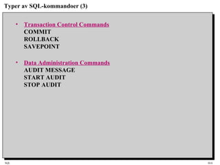 SQL HiA
Typer av SQL-kommandoer (3)
• Transaction Control Commands
COMMIT
ROLLBACK
SAVEPOINT
• Data Administration Commands
AUDIT MESSAGE
START AUDIT
STOP AUDIT
 