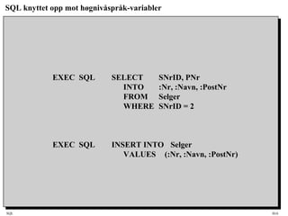 SQL HiA
SQL knyttet opp mot høgnivåspråk-variabler
EXEC SQL SELECT SNrID, PNr
INTO :Nr, :Navn, :PostNr
FROM Selger
WHERE SNrID = 2
EXEC SQL INSERT INTO Selger
VALUES (:Nr, :Navn, :PostNr)
 