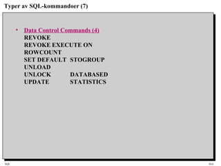 SQL HiA
Typer av SQL-kommandoer (7)
• Data Control Commands (4)
REVOKE
REVOKE EXECUTE ON
ROWCOUNT
SET DEFAULT STOGROUP
UNLOAD
UNLOCK DATABASED
UPDATE STATISTICS
 