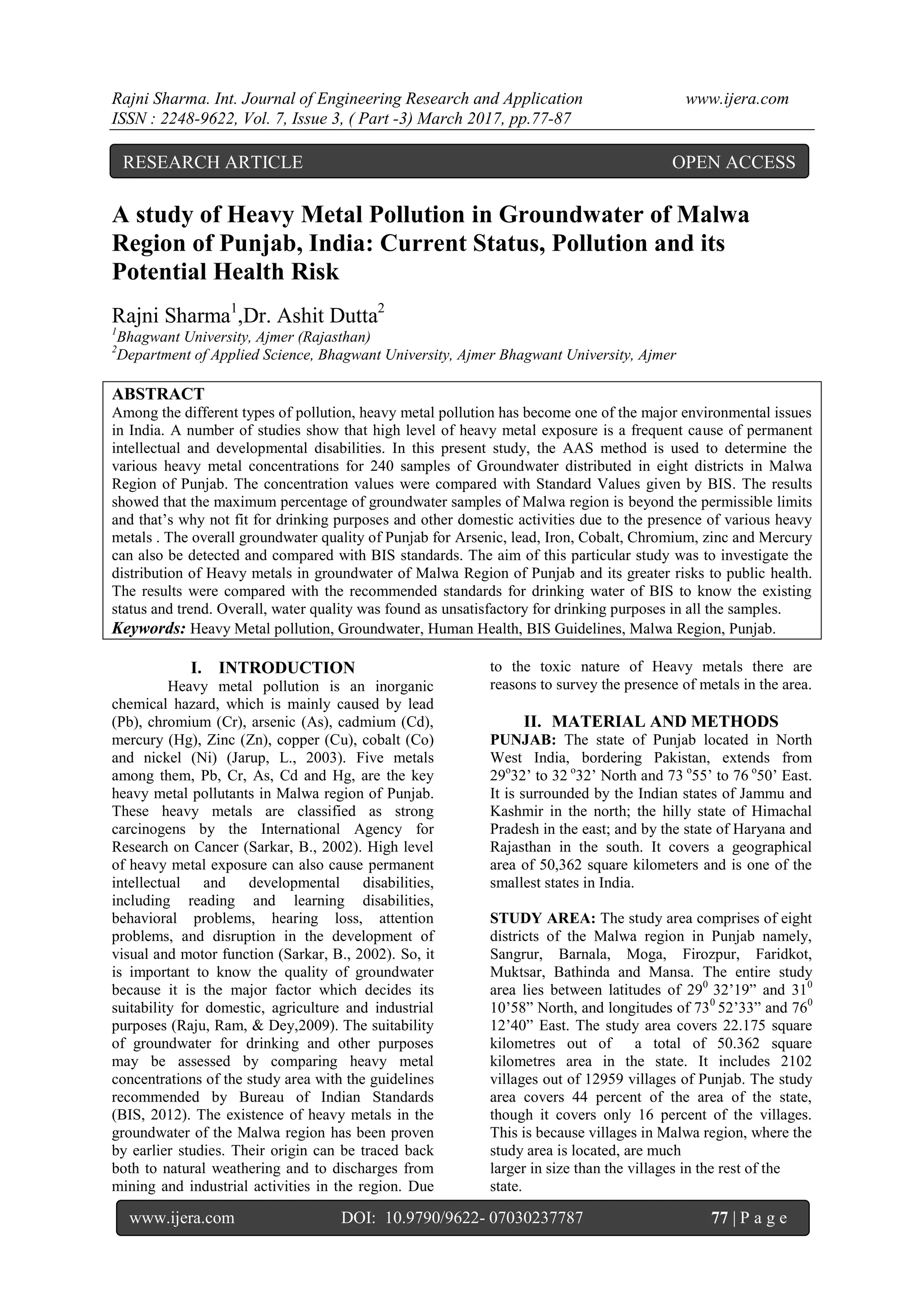 A study of Heavy Metal Pollution in Groundwater of Malwa Region of ...