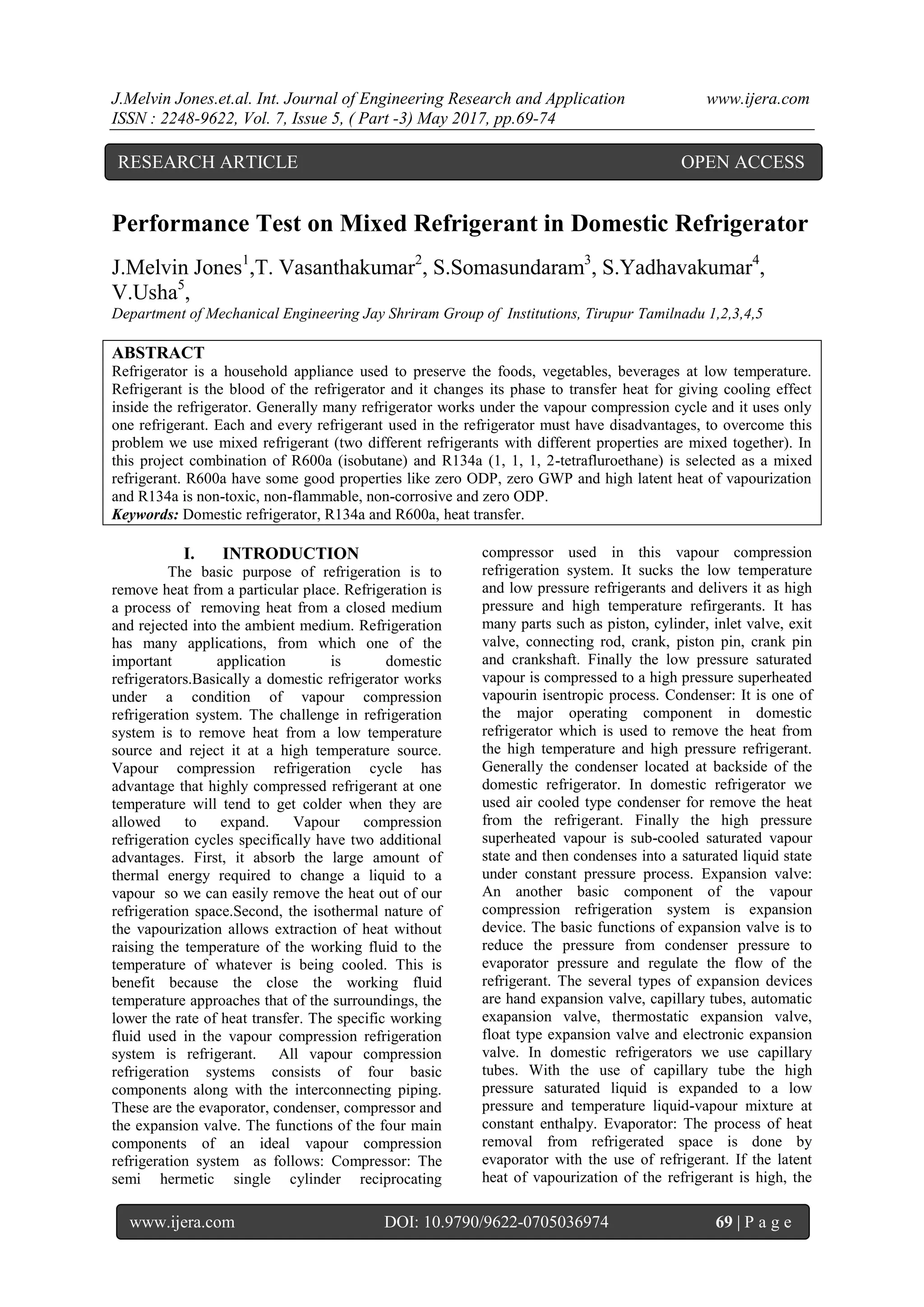 Performance Test on Mixed Refrigerant in Domestic Refrigerator PDF