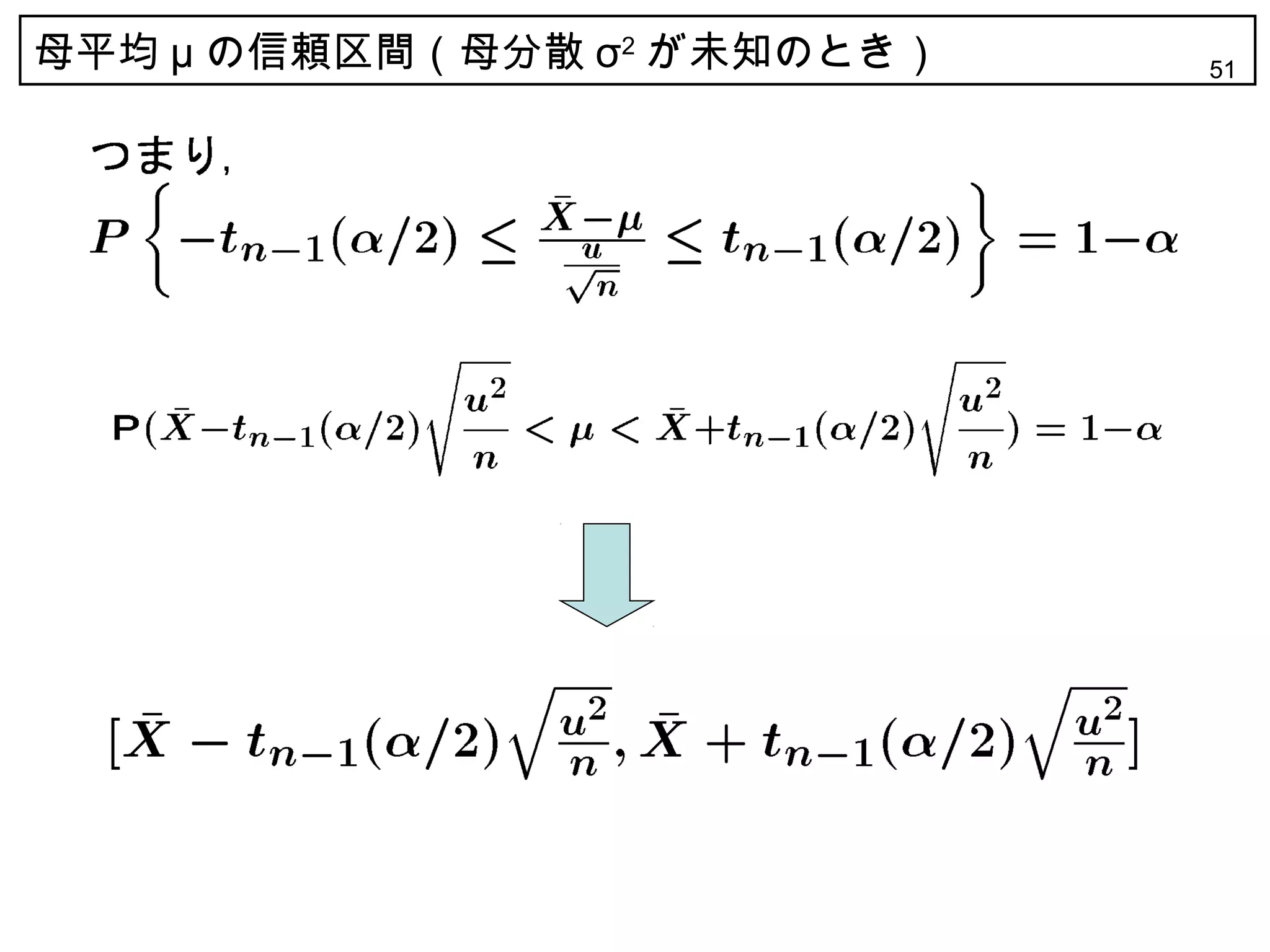 母平均 μ の信頼区間（母分散 σ2 が未知のとき）   51
 