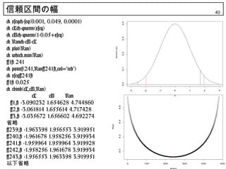 信頼区間の幅                                                                                                           40

> xseq<-seq(0.001, 0.049, 0.0001)




                                                             0.4
> cL<-qnorm(xseq)
> cU<-qnorm(1-0.05+xseq)




                                                             0.3
> Ran<-cU-cL
> plot(Ran)




                                           dnorm (x)


                                                             0.2
> which.min(Ran)
[1] 241
> points(241,Ran[241],col="red")




                                                             0.1
> xseq[241]
[1] 0.025




                                                             0.0
> cbind(cL,cU,Ran)                                                     -3   -2    -1         0         1    2     3


            cL      cU    Ran                                                                x


 [1,] -3.090232 1.654628 4.744860

                                                       4.6
 [2,] -3.061814 1.655614 4.717428
 [3,] -3.035672 1.656602 4.692274
省略
                                                       4.4
                                     Ran




[239,] -1.963398 1.956553 3.919951
[240,] -1.961678 1.958256 3.919934
                                                       4.2




[241,] -1.959964 1.959964 3.919928
[242,] -1.958256 1.961678 3.919934
                                                       4.0




[243,] -1.956553 1.963398 3.919951
以下省略                                                               0        100        200       300       400        500
 
