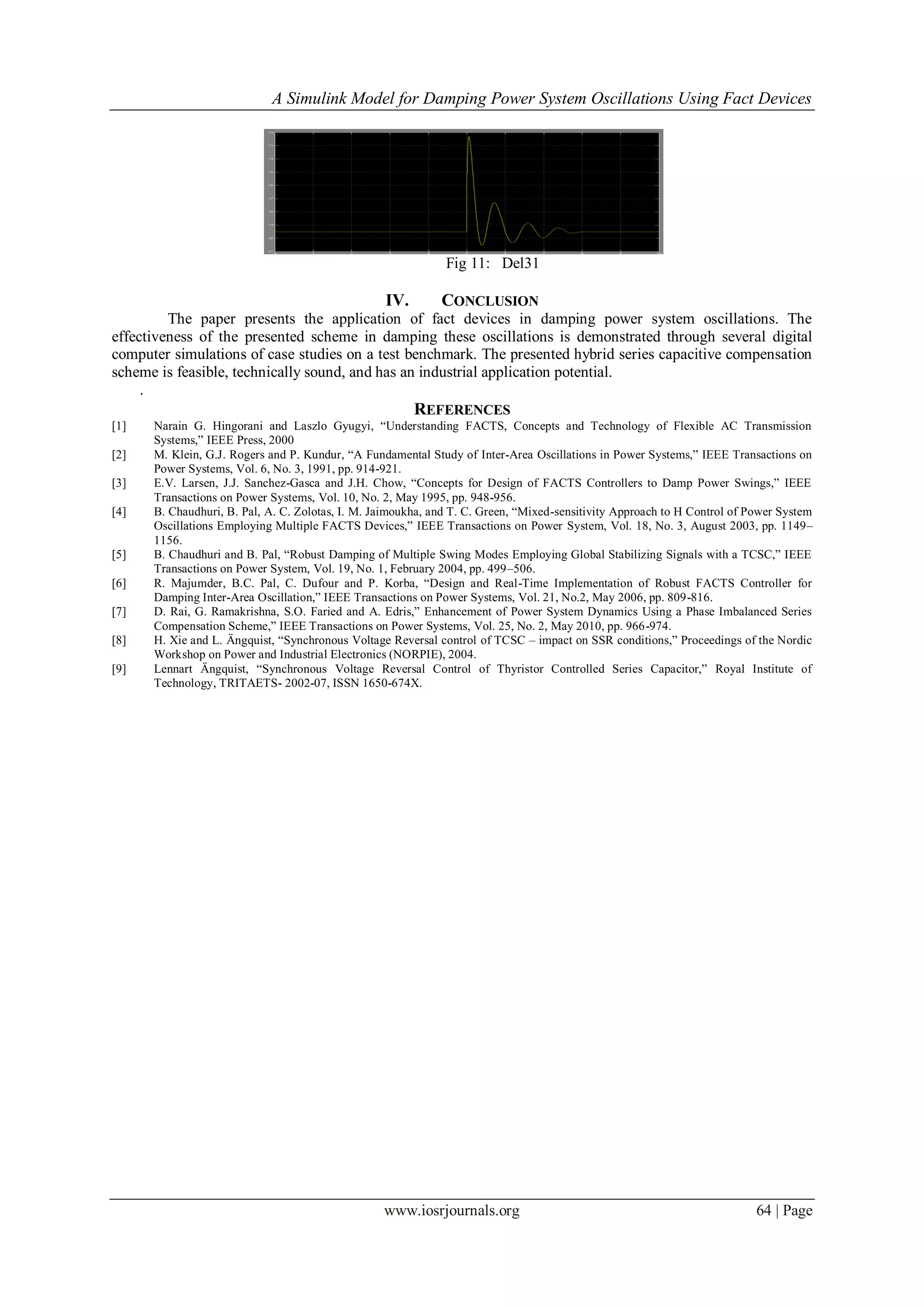 A Simulink Model for Damping Power System Oscillations Using Fact Devices
www.iosrjournals.org 64 | Page
Fig 11: Del31
IV. CONCLUSION
The paper presents the application of fact devices in damping power system oscillations. The
effectiveness of the presented scheme in damping these oscillations is demonstrated through several digital
computer simulations of case studies on a test benchmark. The presented hybrid series capacitive compensation
scheme is feasible, technically sound, and has an industrial application potential.
.
REFERENCES
[1] Narain G. Hingorani and Laszlo Gyugyi, “Understanding FACTS, Concepts and Technology of Flexible AC Transmission
Systems,” IEEE Press, 2000
[2] M. Klein, G.J. Rogers and P. Kundur, “A Fundamental Study of Inter-Area Oscillations in Power Systems,” IEEE Transactions on
Power Systems, Vol. 6, No. 3, 1991, pp. 914-921.
[3] E.V. Larsen, J.J. Sanchez-Gasca and J.H. Chow, “Concepts for Design of FACTS Controllers to Damp Power Swings,” IEEE
Transactions on Power Systems, Vol. 10, No. 2, May 1995, pp. 948-956.
[4] B. Chaudhuri, B. Pal, A. C. Zolotas, I. M. Jaimoukha, and T. C. Green, “Mixed-sensitivity Approach to H Control of Power System
Oscillations Employing Multiple FACTS Devices,” IEEE Transactions on Power System, Vol. 18, No. 3, August 2003, pp. 1149–
1156.
[5] B. Chaudhuri and B. Pal, “Robust Damping of Multiple Swing Modes Employing Global Stabilizing Signals with a TCSC,” IEEE
Transactions on Power System, Vol. 19, No. 1, February 2004, pp. 499–506.
[6] R. Majumder, B.C. Pal, C. Dufour and P. Korba, “Design and Real-Time Implementation of Robust FACTS Controller for
Damping Inter-Area Oscillation,” IEEE Transactions on Power Systems, Vol. 21, No.2, May 2006, pp. 809-816.
[7] D. Rai, G. Ramakrishna, S.O. Faried and A. Edris,” Enhancement of Power System Dynamics Using a Phase Imbalanced Series
Compensation Scheme,” IEEE Transactions on Power Systems, Vol. 25, No. 2, May 2010, pp. 966-974.
[8] H. Xie and L. Ängquist, “Synchronous Voltage Reversal control of TCSC – impact on SSR conditions,” Proceedings of the Nordic
Workshop on Power and Industrial Electronics (NORPIE), 2004.
[9] Lennart Ängquist, “Synchronous Voltage Reversal Control of Thyristor Controlled Series Capacitor,” Royal Institute of
Technology, TRITAETS- 2002-07, ISSN 1650-674X.
 