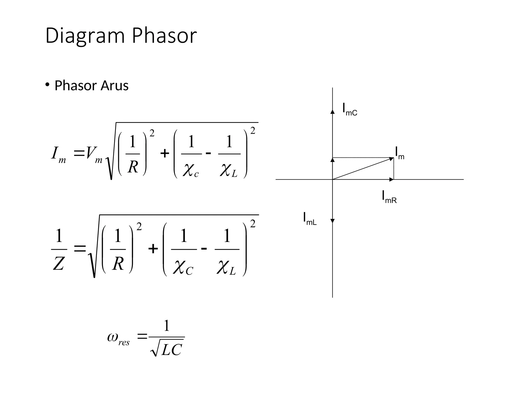 Diagram Phasor
• Phasor Arus
ImC
ImR
ImL
Im
2
2
1
1
1

















L
c
m
m
R
V
I


2
2
1
1
1
1

















L
C
R
Z 

LC
res
1


 