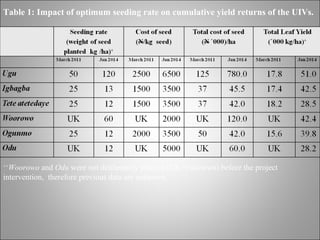 Table 1: Impact of optimum seeding rate on cumulative yield returns of the UIVs.
++
Woorowo and Odu were not deliberately planted (UK=Unknown) before the project
intervention, therefore previous data are unknown.
 
