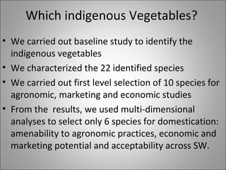 Which indigenous Vegetables?
• We carried out baseline study to identify the
indigenous vegetables
• We characterized the 22 identified species
• We carried out first level selection of 10 species for
agronomic, marketing and economic studies
• From the results, we used multi-dimensional
analyses to select only 6 species for domestication:
amenability to agronomic practices, economic and
marketing potential and acceptability across SW.
 