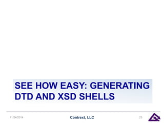 SEE HOW EASY: GENERATING 
DTD AND XSD SHELLS 
11/24/2014 Contrext, LLC 23 
 