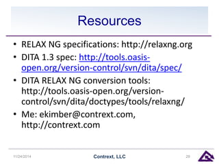 Resources 
• RELAX NG specifications: http://relaxng.org 
• DITA 1.3 spec: http://tools.oasis-open. 
org/version-control/svn/dita/spec/ 
• DITA RELAX NG conversion tools: 
http://tools.oasis-open.org/version-control/ 
svn/dita/doctypes/tools/relaxng/ 
• Me: ekimber@contrext.com, 
http://contrext.com 
11/24/2014 Contrext, LLC 29 

