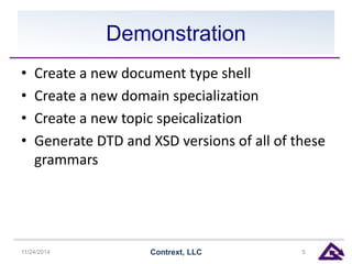 Demonstration 
• Create a new document type shell 
• Create a new domain specialization 
• Create a new topic speicalization 
• Generate DTD and XSD versions of all of these 
grammars 
11/24/2014 Contrext, LLC 5 
 