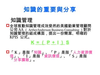 知識的重要與分享
  知識管理
 全球推動知識管理成效斐然的美國勤業管理顧問
  公司 AA （ ArtherAnderson Business Consulting ）對於
  知識管理的組成構面，提出一份簡潔、明確的
  KPIS 公式。
              K ＝（ P ＋ I ） S
 「 K 」是指「知識」、「 P 」是指「人力資源價
  值」、「 I 」是指「資訊價值」、「 S 」是指
  「分享擴散」。
 