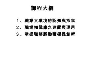 課程大綱

１、職業大環境的認知與探索
２、職場知識庫之建置與運用
３、掌握職務脈動積極促創新
 