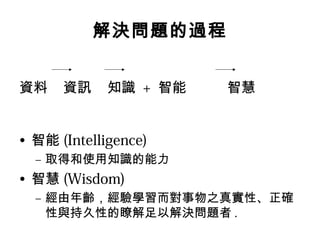 解決問題的過程


資料    資訊     知識 + 智能   智慧


• 智能 (Intelligence)
  – 取得和使用知識的能力
• 智慧 (Wisdom)
  – 經由年齡，經驗學習而對事物之真實性、正確
    性與持久性的瞭解足以解決問題者 .
 