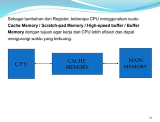 19
C P U
CACHE
MEMORY
MAIN
MEMORY
Sebagai tambahan dari Register, beberapa CPU menggunakan suatu
Cache Memory / Scratch-pad Memory / High-speed buffer / Buffer
Memory dengan tujuan agar kerja dari CPU lebih efisien dan dapat
mengurangi waktu yang terbuang.
 