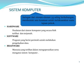 SISTEM KOMPUTER
 HARDWARE
Peralatan dari sistem komputer yang secara fisik
terlihat dan terjamah.
 SOFTWARE
Program yang berisi perintah untuk melakukan
pengolaahan data.
 BRAINWARE
Manusia yang terlibat dalam mengoperasikan serta
mengatur sistem komputer .
5
Jaringan dari elemen-elemen yg saling berhubungan,
membentuk satu kesatuan untuk melaksanakan suatu
tujuan pokok.
 