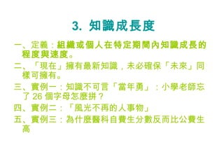 3.  知識成長度 一、定義： 組織或個人在特定期間內知識成長的程度與速度 。 二、「現在」擁有最新知識，未必確保「未來」同樣可擁有。 三、實例一：知識不可言「當年勇」：小學老師忘了 26 個字母怎麼拼？ 四、實例二：「風光不再的人事物」 五、實例三：為什麼醫科自費生分數反而比公費生高 